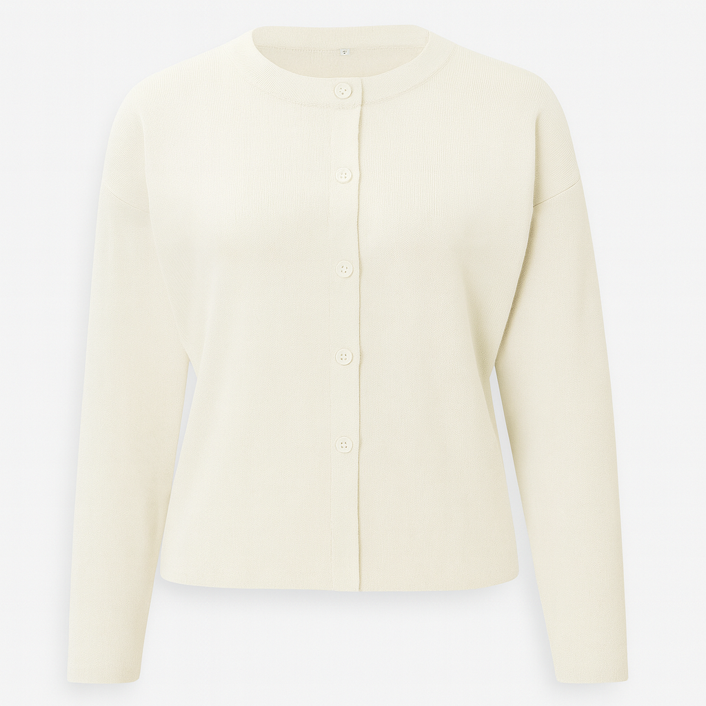 Knit cardigan with a round neckline, long sleeves, and a front button closure.