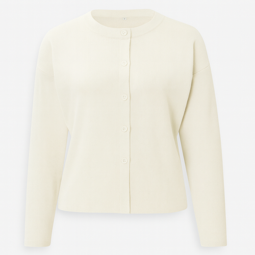 Knit cardigan with a round neckline, long sleeves, and a front button closure.
