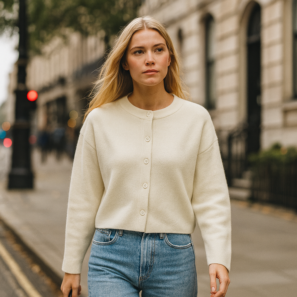 Knit cardigan with a round neckline, long sleeves, and a front button closure.