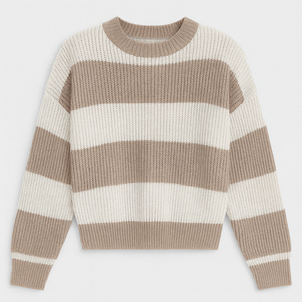 Striped knit sweater with long sleeves, a crew neckline, and ribbed cuffs and hem.