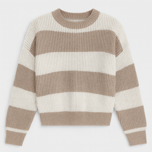 Striped knit sweater with long sleeves, a crew neckline, and ribbed cuffs and hem.