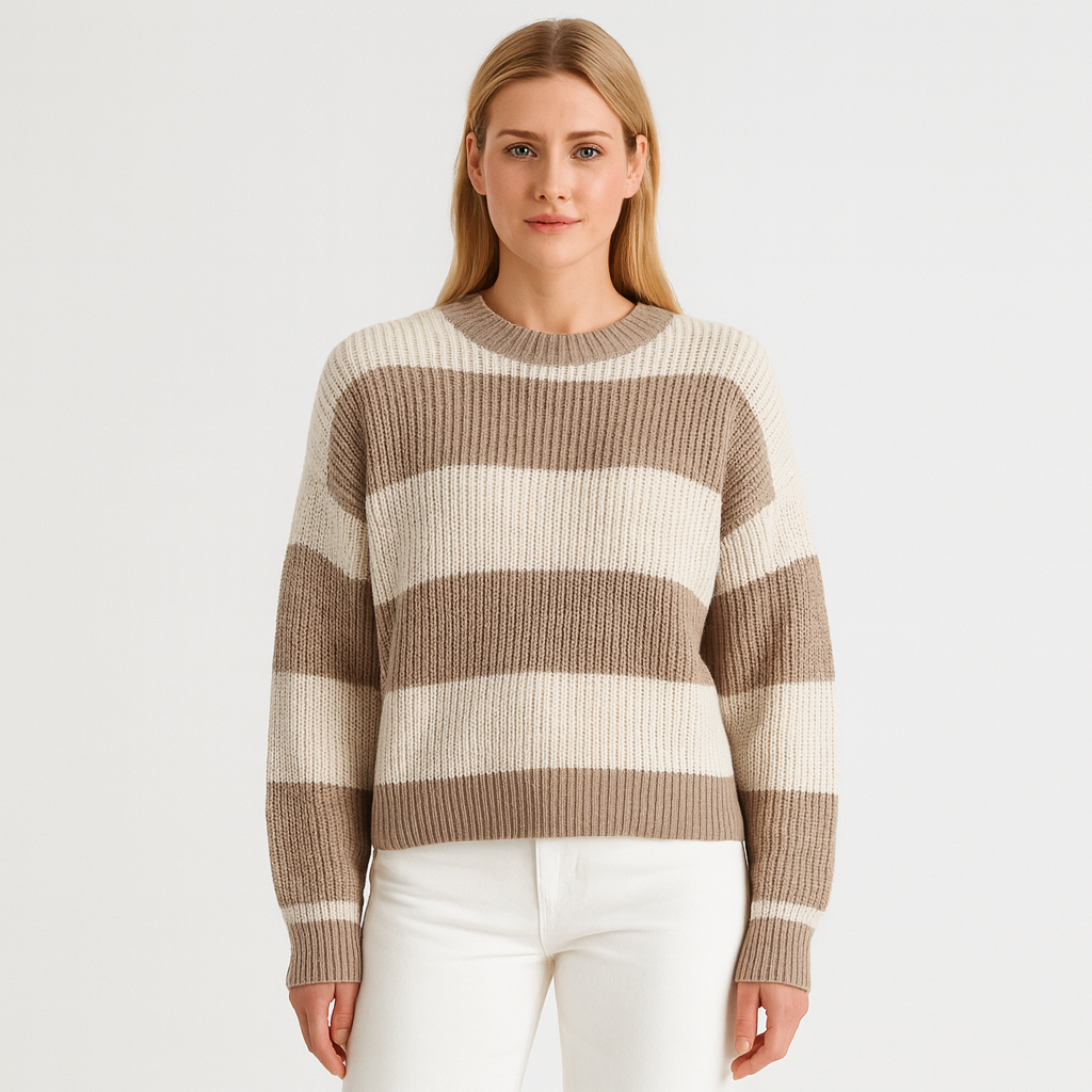 Striped knit sweater with long sleeves, a crew neckline, and ribbed cuffs and hem.