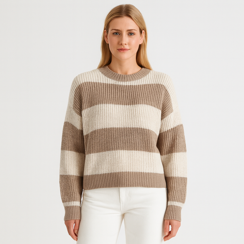 Striped knit sweater with long sleeves, a crew neckline, and ribbed cuffs and hem.