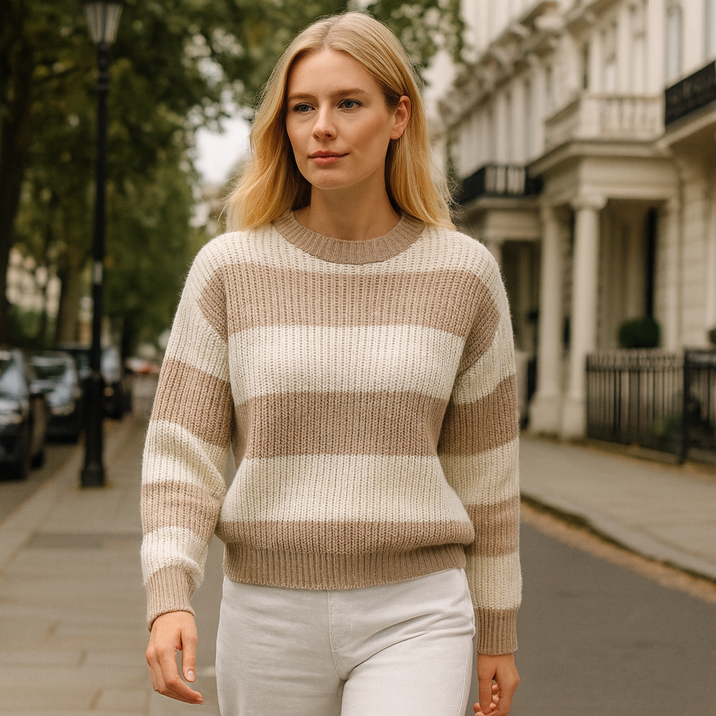 Striped knit sweater with long sleeves, a crew neckline, and ribbed cuffs and hem.