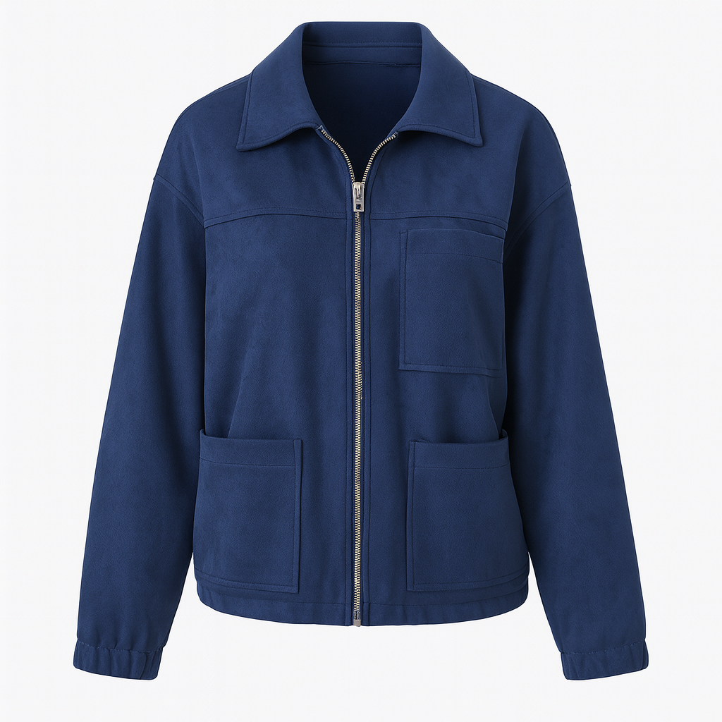 A zip-up jacket with a classic collar, long sleeves, and three front patch pockets.