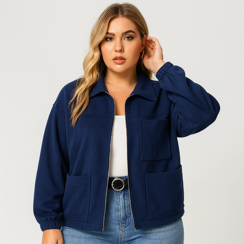 A zip-up jacket with a classic collar, long sleeves, and three front patch pockets.