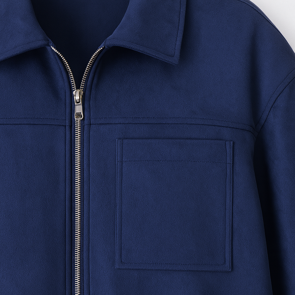 A zip-up jacket with a classic collar, long sleeves, and three front patch pockets.