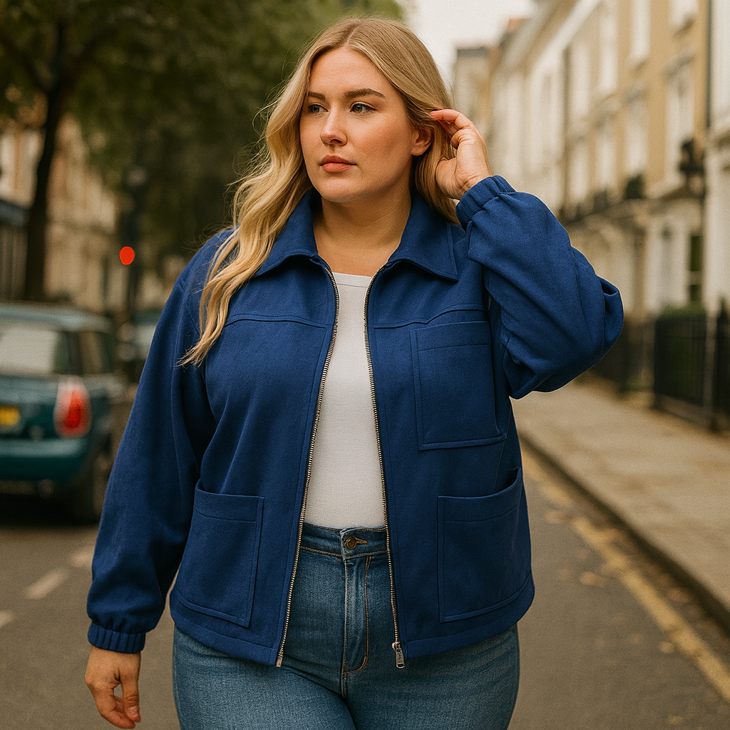 A zip-up jacket with a classic collar, long sleeves, and three front patch pockets.