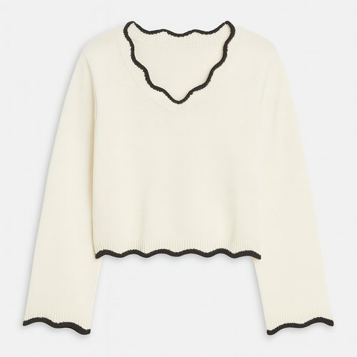 Long-sleeve knit sweater with a scalloped V-neckline, scalloped hem, and scalloped cuffs.