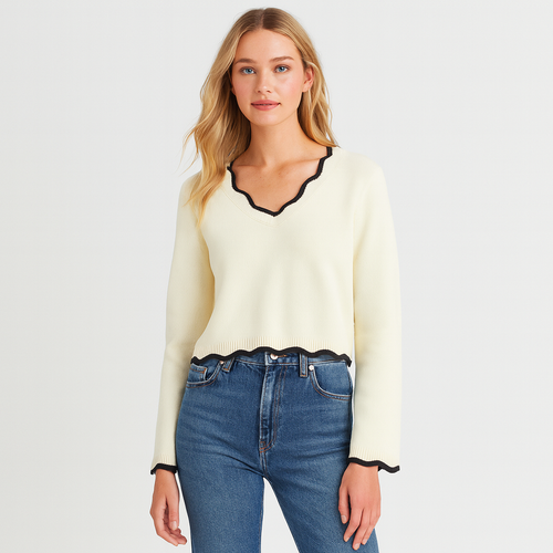Long-sleeve knit sweater with a scalloped V-neckline, scalloped hem, and scalloped cuffs.