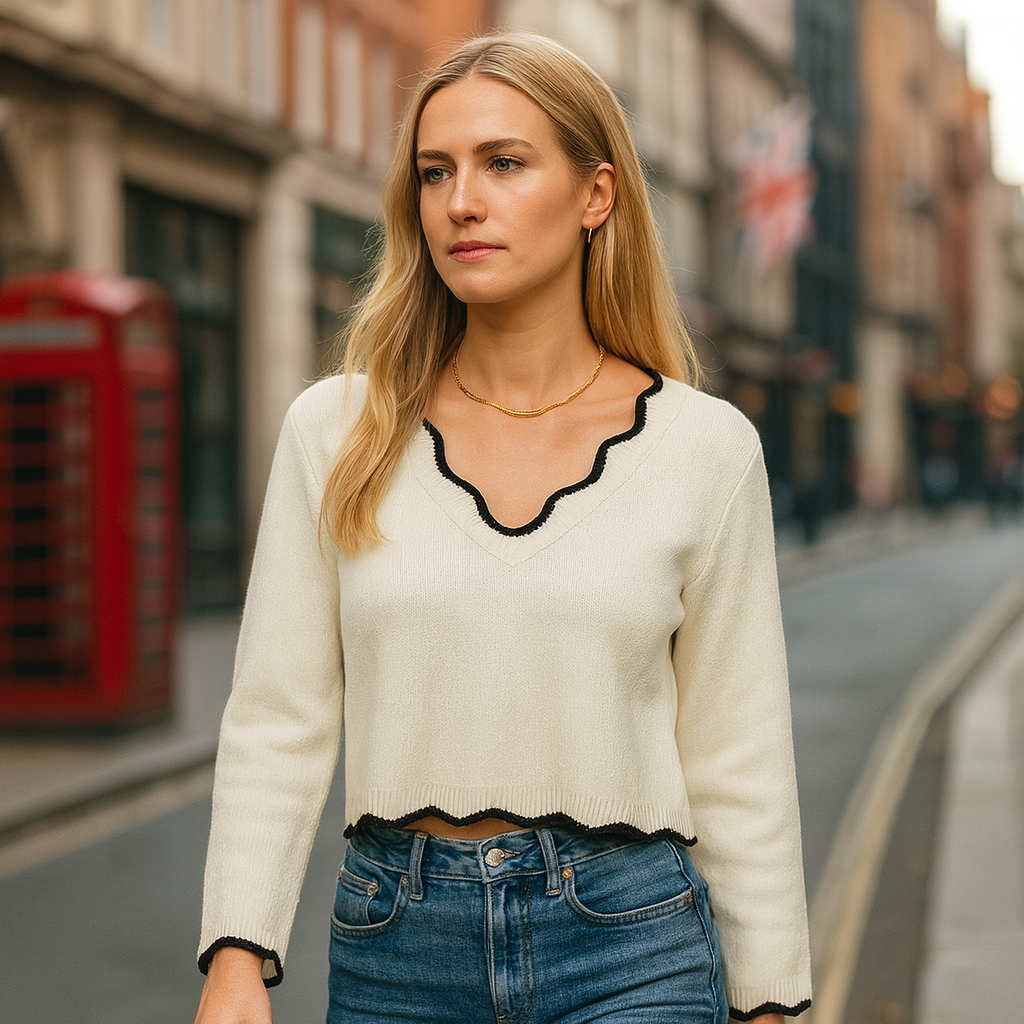 Long-sleeve knit sweater with a scalloped V-neckline, scalloped hem, and scalloped cuffs.