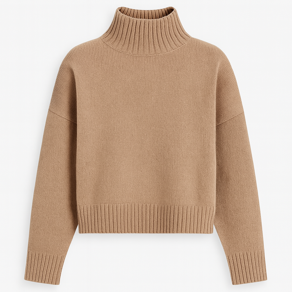 Knit sweater featuring a high turtleneck, long sleeves, and ribbed detailing at the neck, cuffs, and hem.