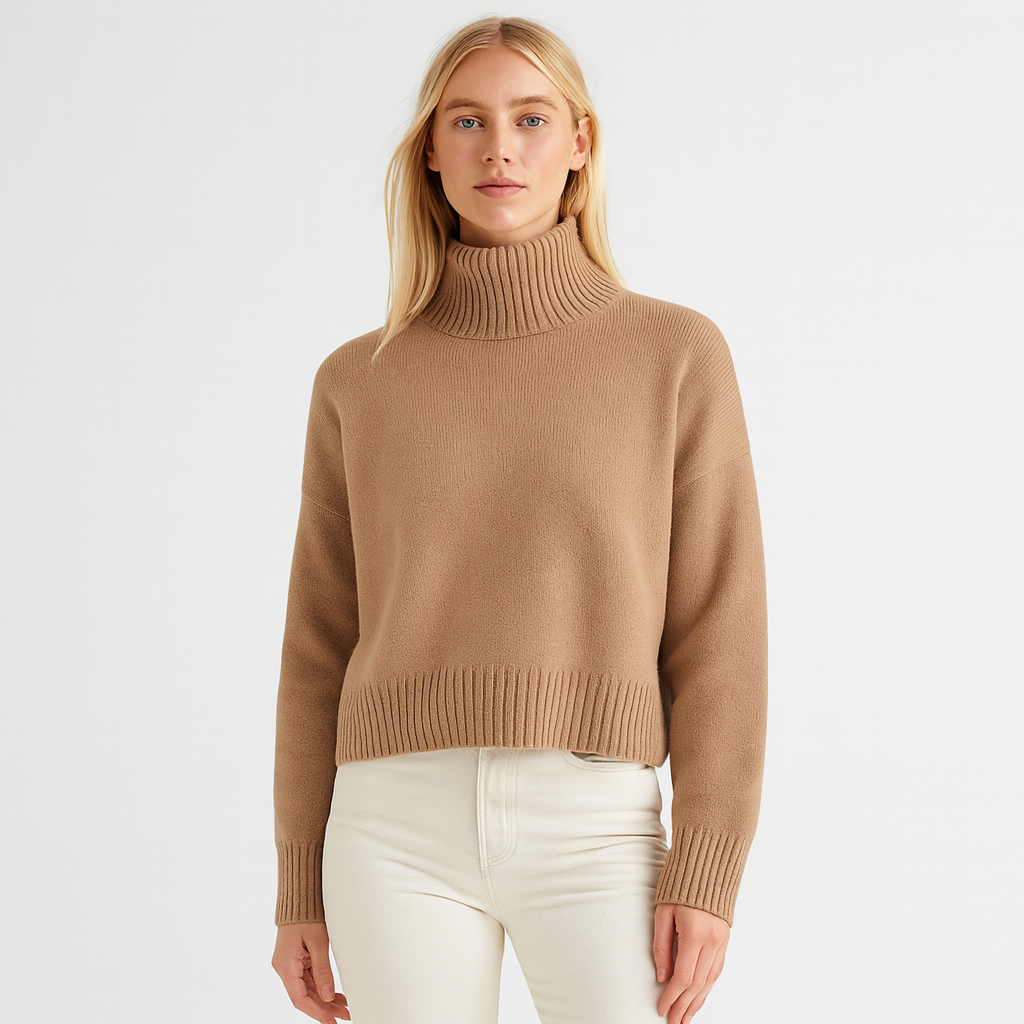 Knit sweater featuring a high turtleneck, long sleeves, and ribbed detailing at the neck, cuffs, and hem.
