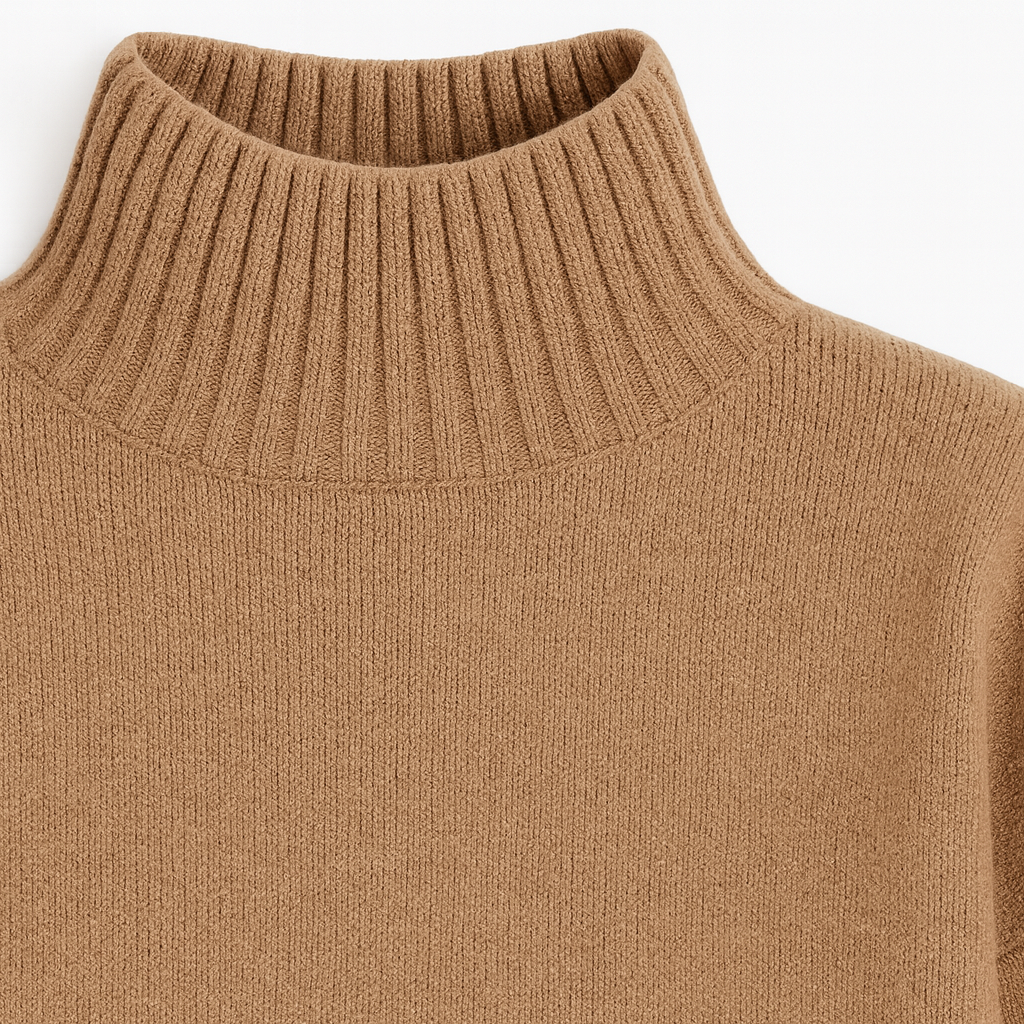 Knit sweater featuring a high turtleneck, long sleeves, and ribbed detailing at the neck, cuffs, and hem.