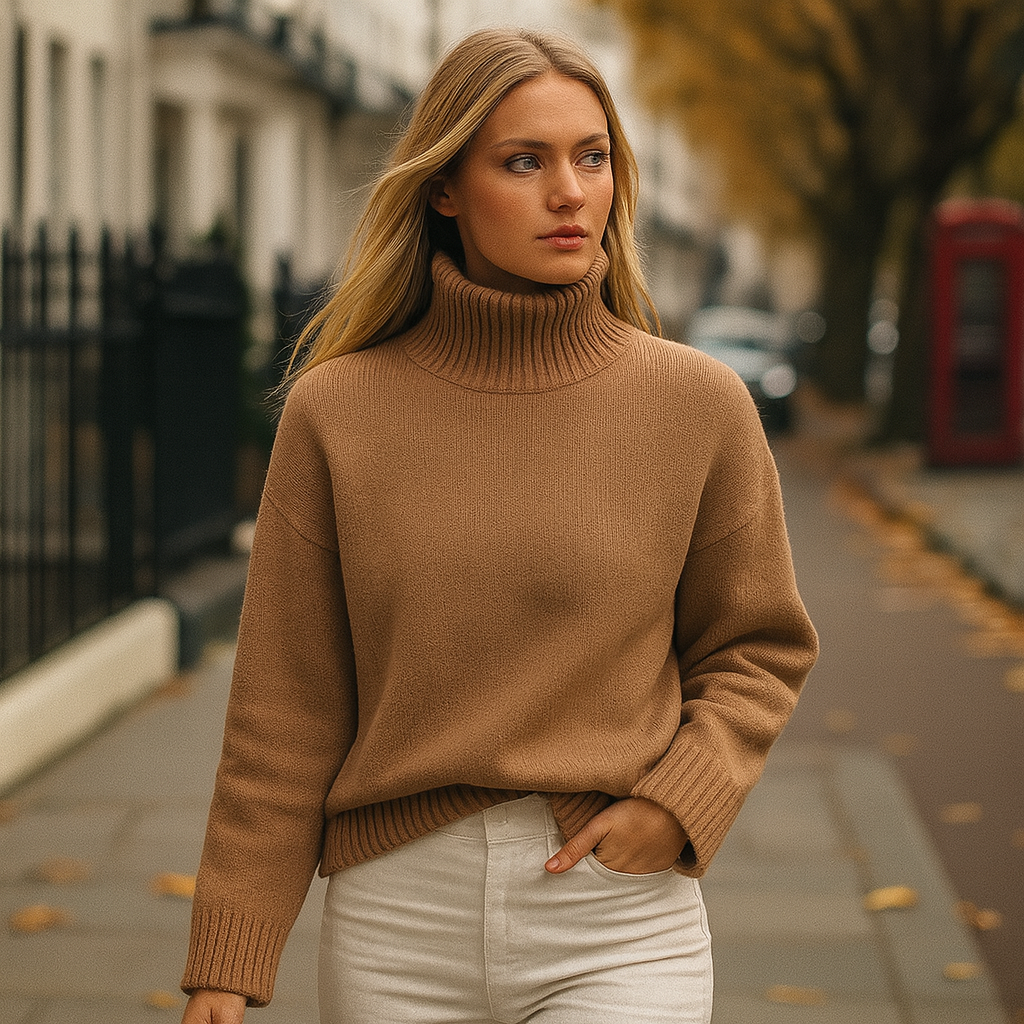 Knit sweater featuring a high turtleneck, long sleeves, and ribbed detailing at the neck, cuffs, and hem.