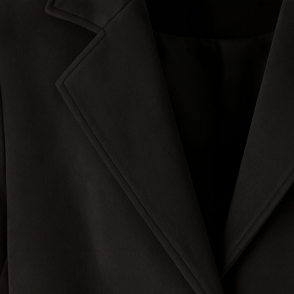A tailored long coat featuring a notched lapel collar, front button closure, and two welt pockets.