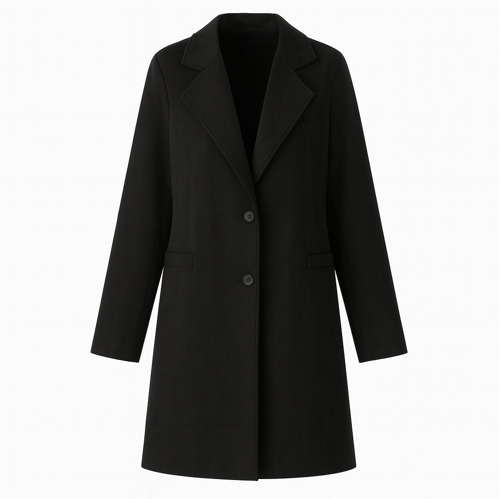 A tailored long coat featuring a notched lapel collar, front button closure, and two welt pockets.