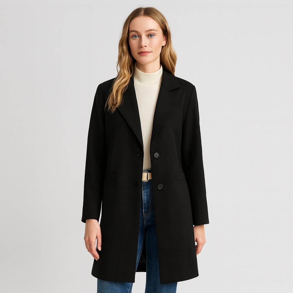 A tailored long coat featuring a notched lapel collar, front button closure, and two welt pockets.