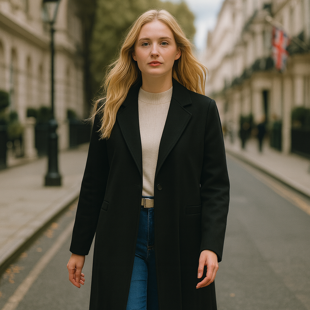 A tailored long coat featuring a notched lapel collar, front button closure, and two welt pockets.