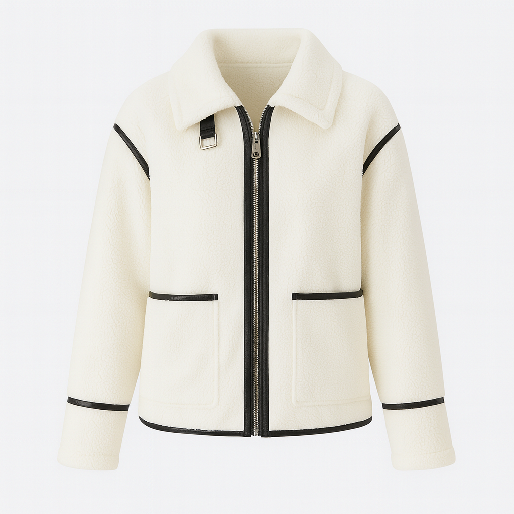 A fleece jacket with a front zipper closure, classic collar with buckle detail, two front patch pockets, and contrasting trim on the pockets, sleeves, and seams.