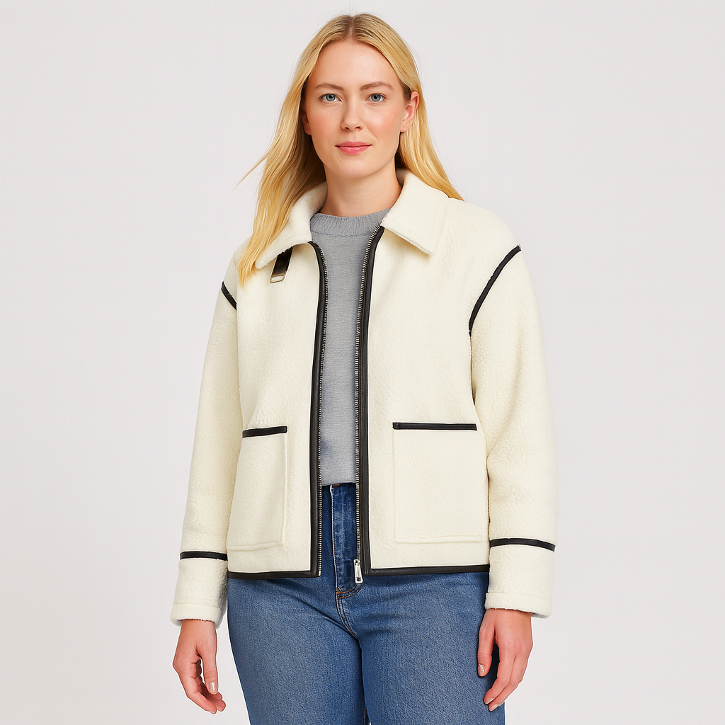 A fleece jacket with a front zipper closure, classic collar with buckle detail, two front patch pockets, and contrasting trim on the pockets, sleeves, and seams.