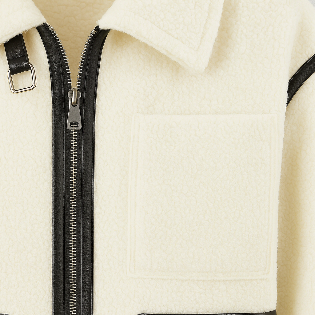 A fleece jacket with a front zipper closure, classic collar with buckle detail, two front patch pockets, and contrasting trim on the pockets, sleeves, and seams.