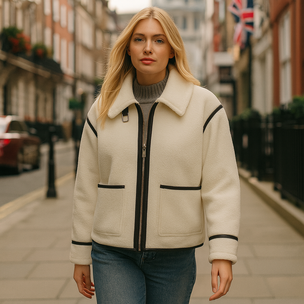 A fleece jacket with a front zipper closure, classic collar with buckle detail, two front patch pockets, and contrasting trim on the pockets, sleeves, and seams.