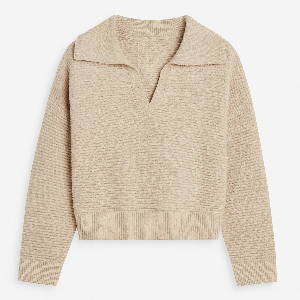 Ribbed knit sweater with a wide collar, V-neckline, long sleeves, and a fitted hem and cuffs.