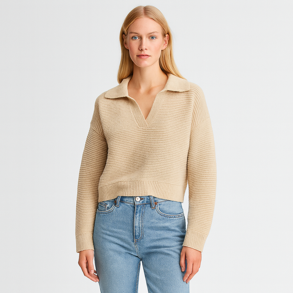 Ribbed knit sweater with a wide collar, V-neckline, long sleeves, and a fitted hem and cuffs.