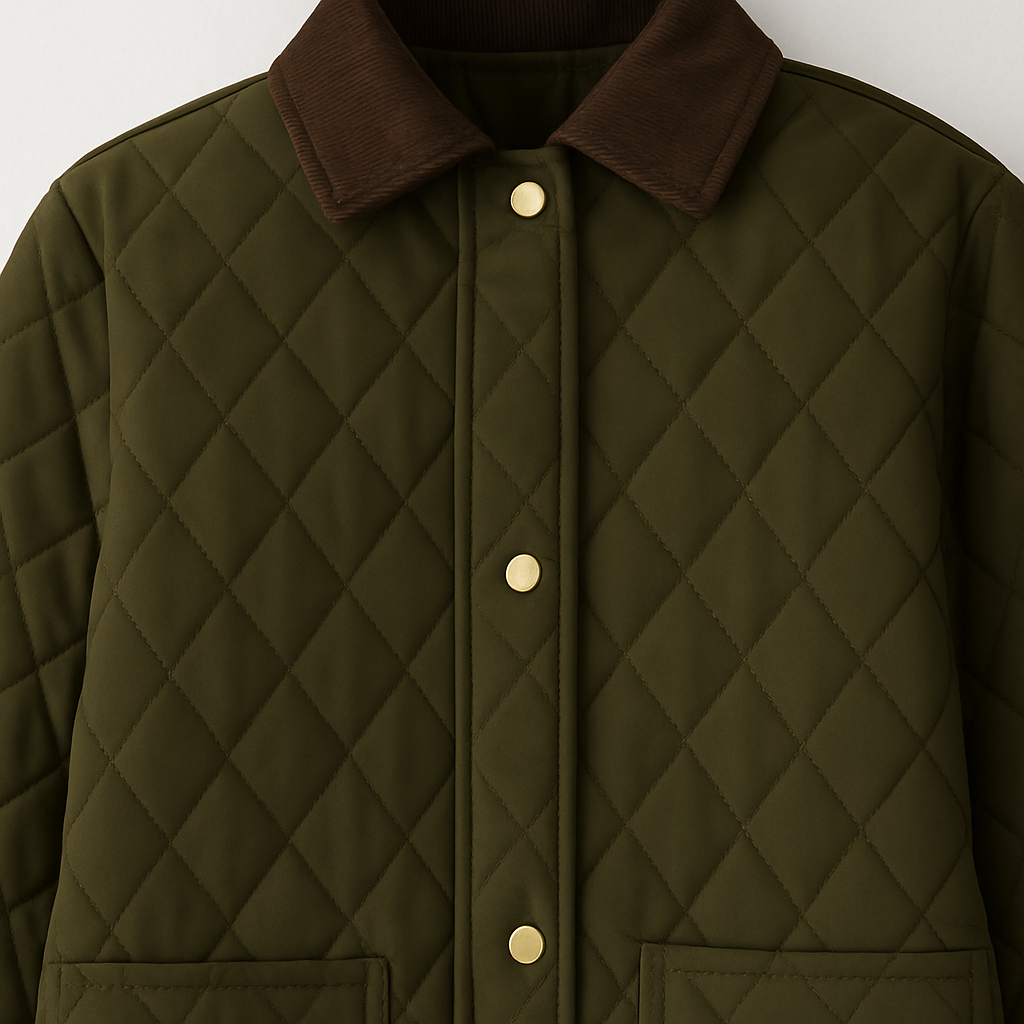 Quilted jacket with a collared neckline, snap button closure, and two front pockets.