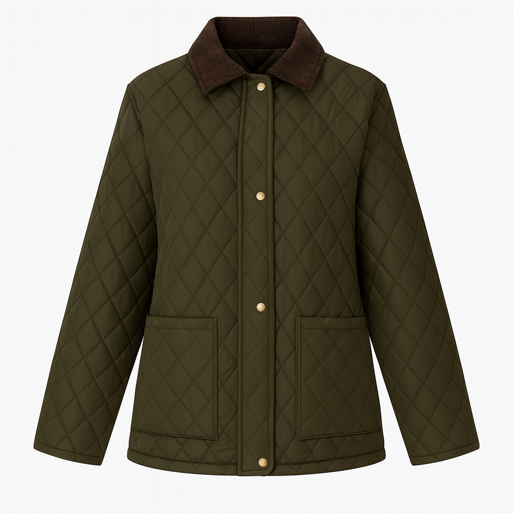 Quilted jacket with a collared neckline, snap button closure, and two front pockets.