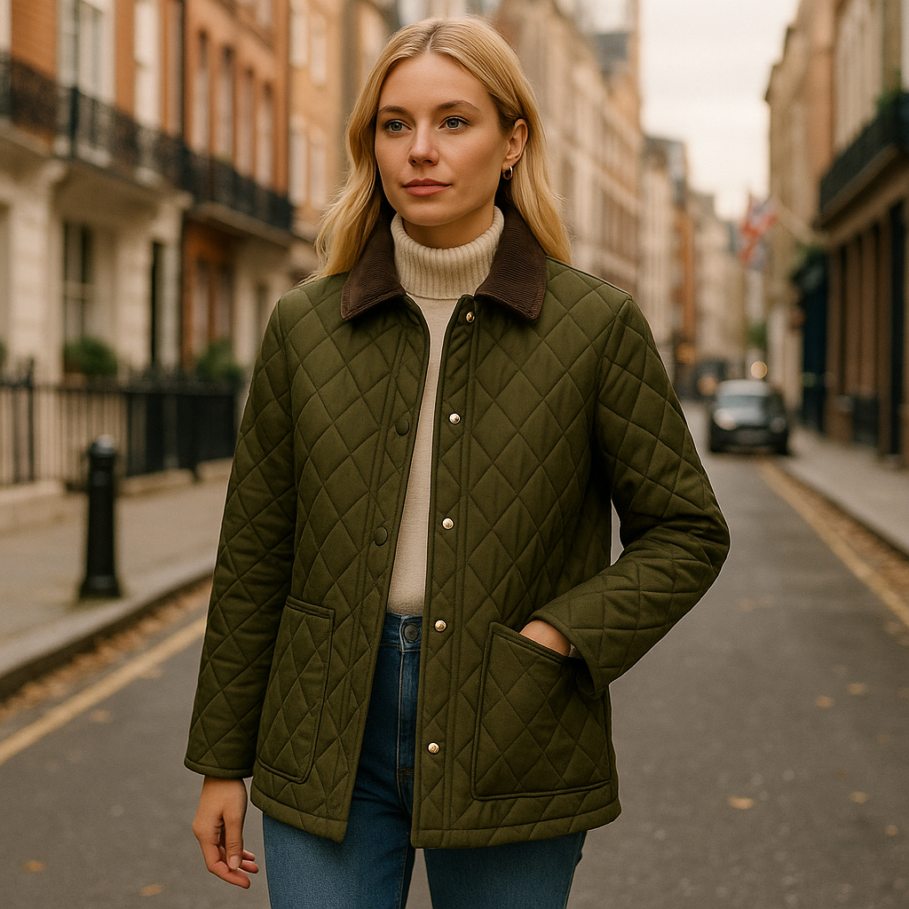 Quilted jacket with a collared neckline, snap button closure, and two front pockets.
