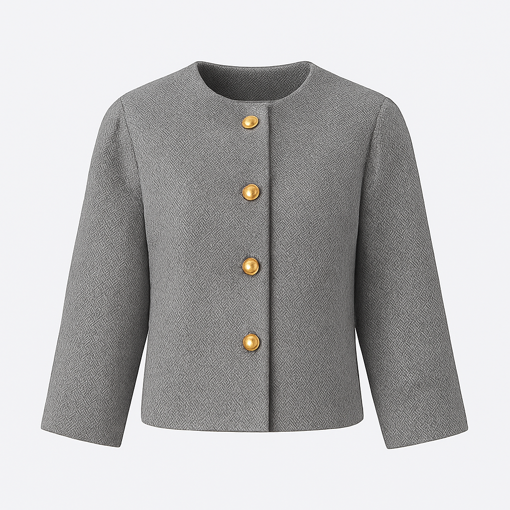 A cropped jacket with a round neckline, long sleeves, and four large metallic buttons down the front.