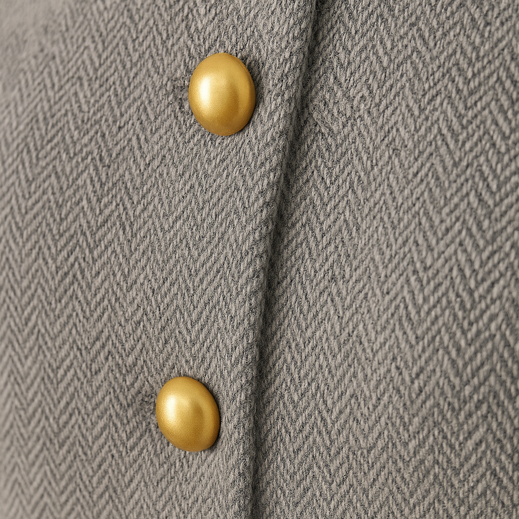A cropped jacket with a round neckline, long sleeves, and four large metallic buttons down the front.