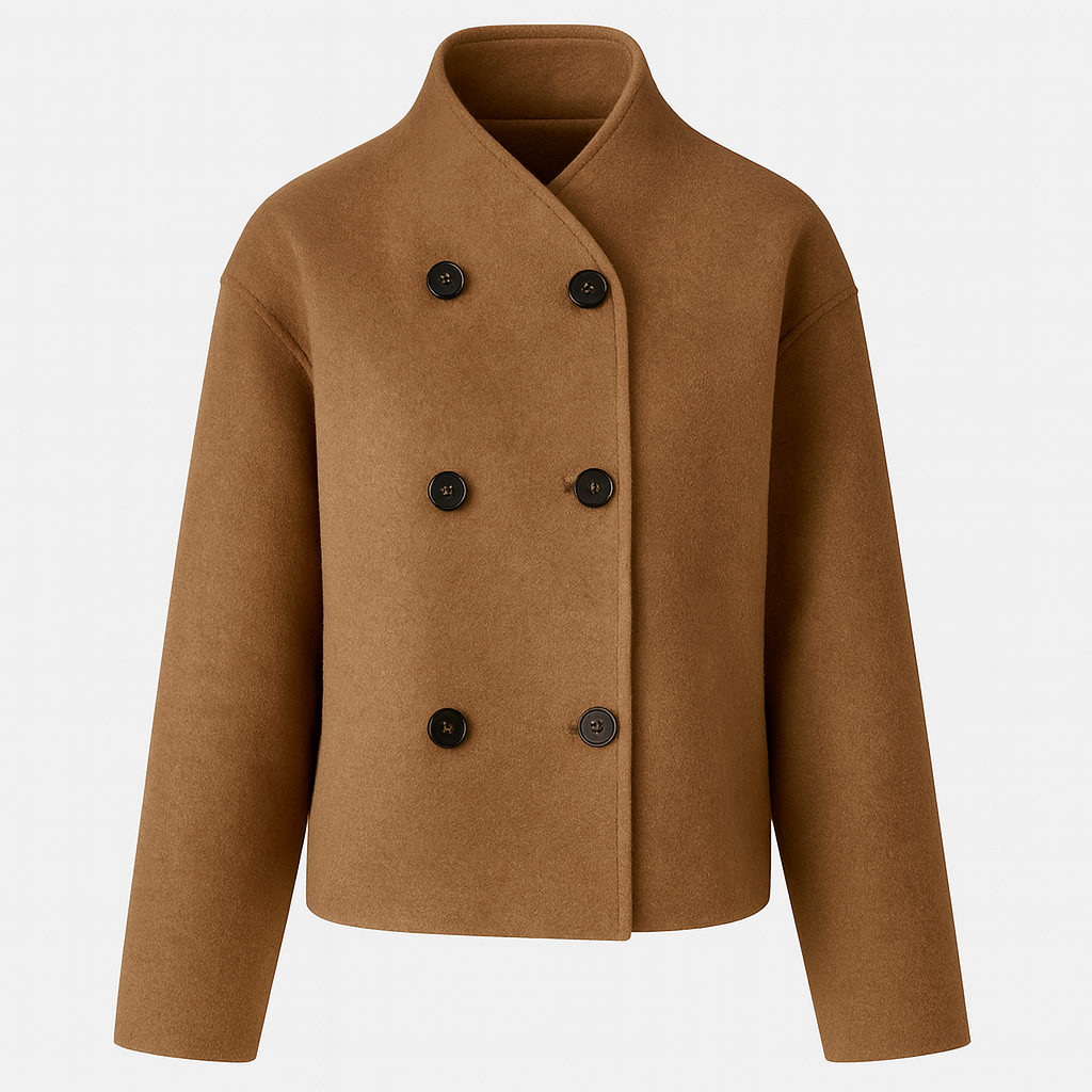 A double-breasted short coat with a stand collar, six front buttons, and long sleeves, designed with a clean and minimal silhouette.