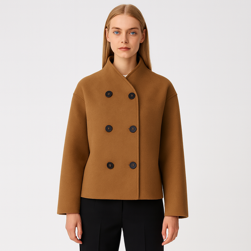A double-breasted short coat with a stand collar, six front buttons, and long sleeves, designed with a clean and minimal silhouette.