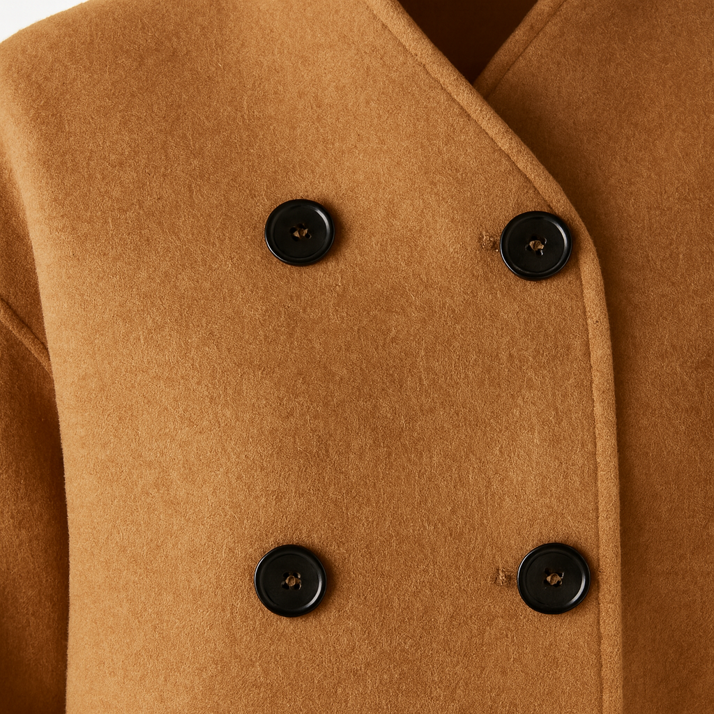 A double-breasted short coat with a stand collar, six front buttons, and long sleeves, designed with a clean and minimal silhouette.