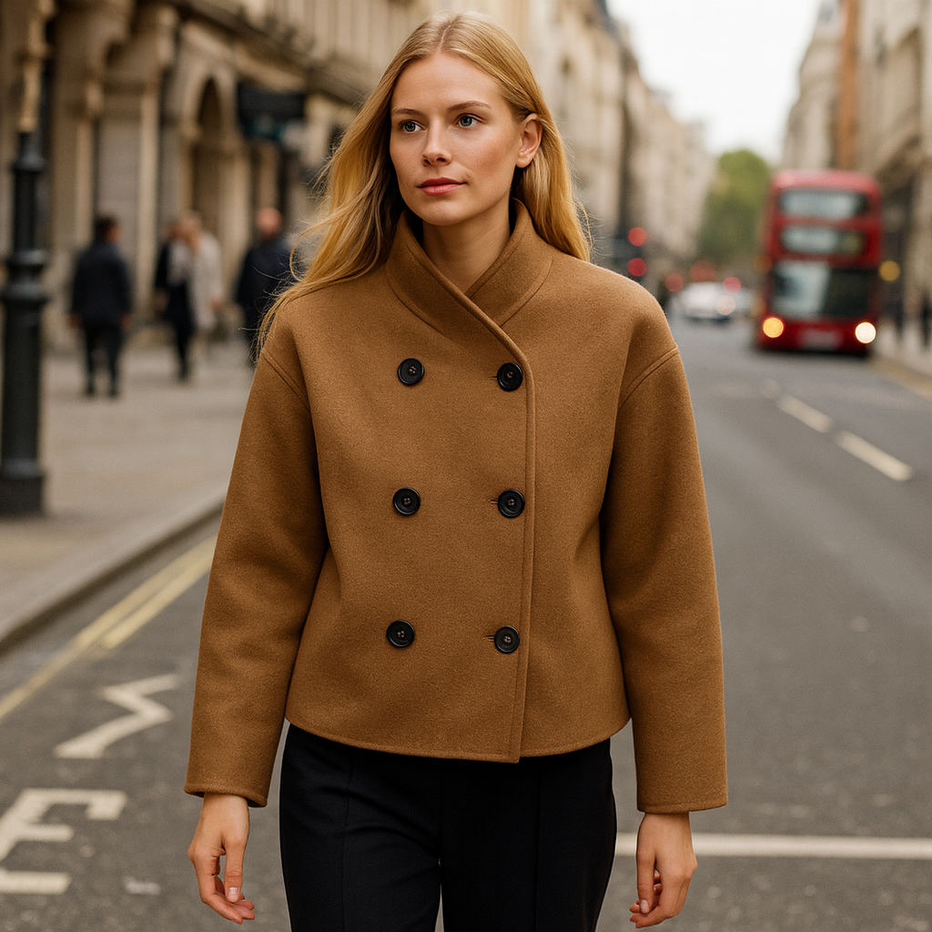 A double-breasted short coat with a stand collar, six front buttons, and long sleeves, designed with a clean and minimal silhouette.