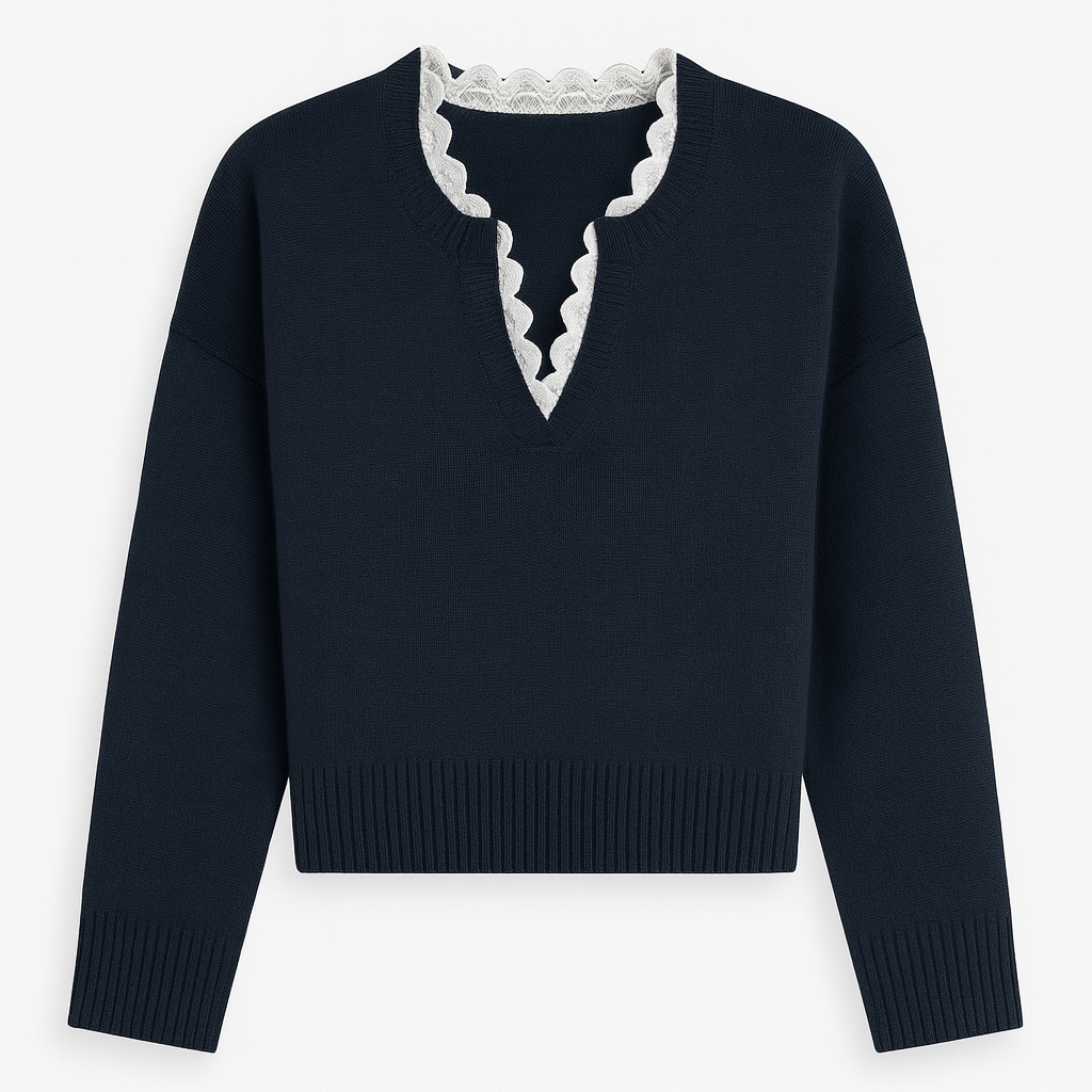 Sweater featuring a V-neckline with scalloped lace trim, long sleeves, and ribbed detailing at the cuffs and hem.