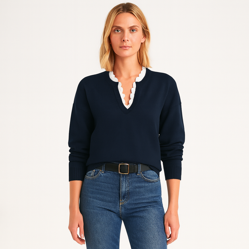 Sweater featuring a V-neckline with scalloped lace trim, long sleeves, and ribbed detailing at the cuffs and hem.