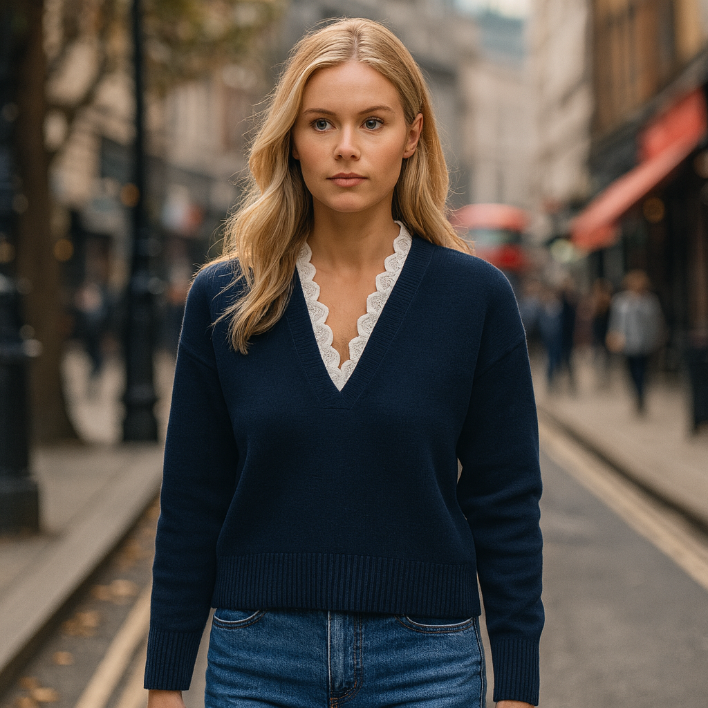 Sweater featuring a V-neckline with scalloped lace trim, long sleeves, and ribbed detailing at the cuffs and hem.