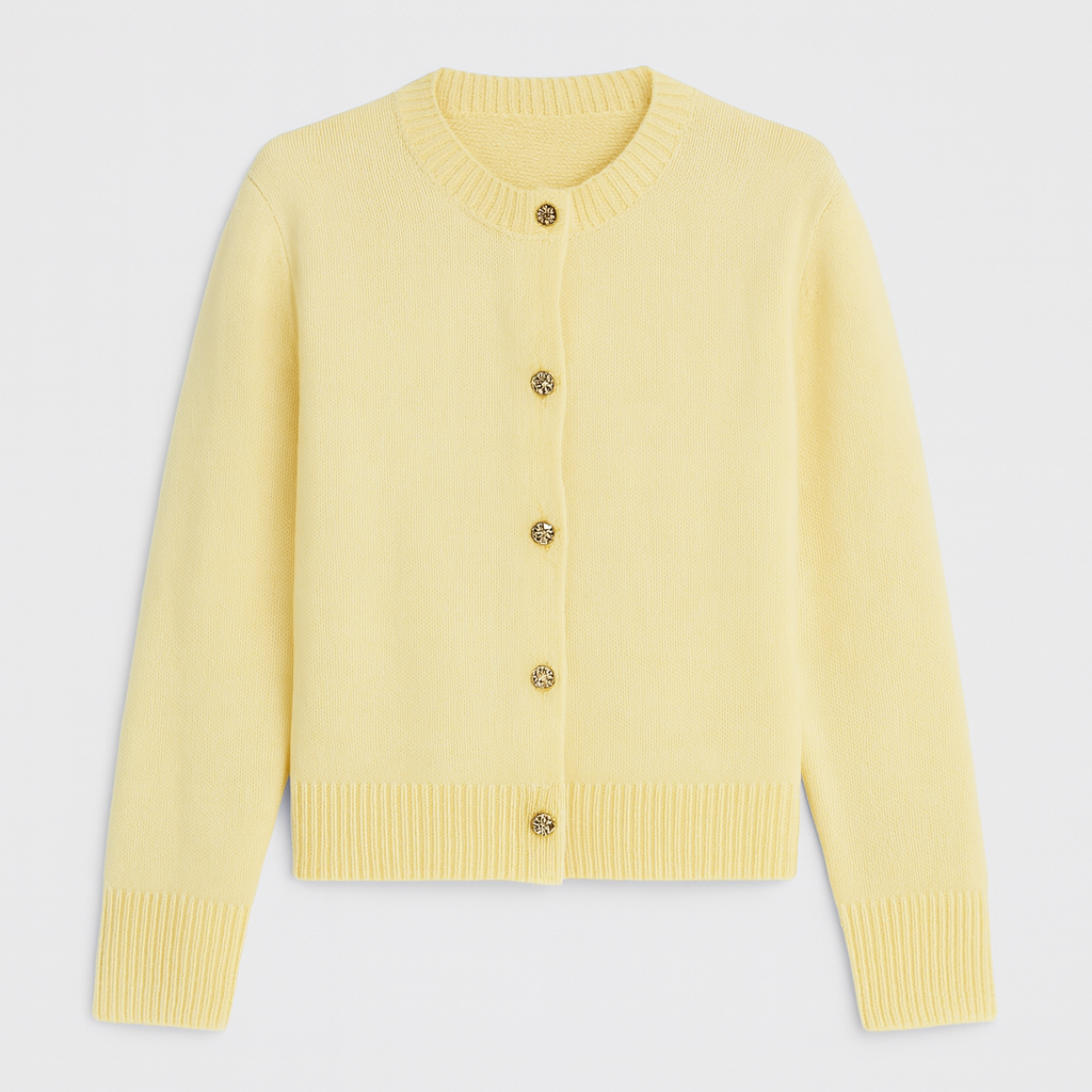 Cardigan with a crew neckline, long sleeves, ribbed cuffs and hem, and decorative metallic buttons down the front.