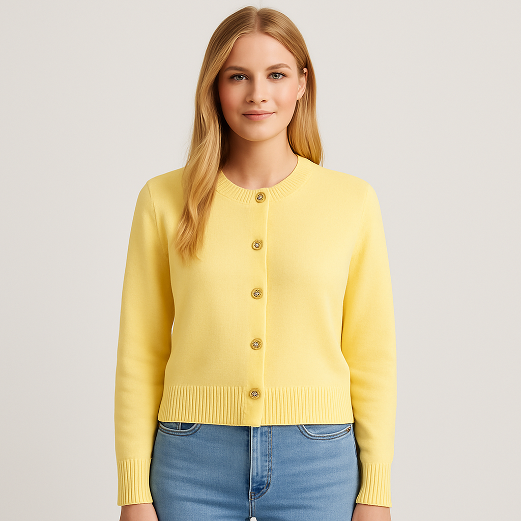 Cardigan with a crew neckline, long sleeves, ribbed cuffs and hem, and decorative metallic buttons down the front.