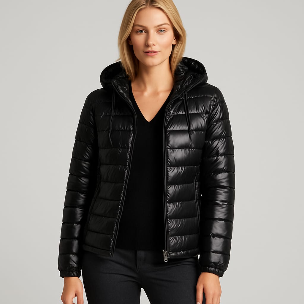 A quilted puffer jacket with a front zipper closure, two side pockets, long sleeves, and an attached hood with drawstrings.