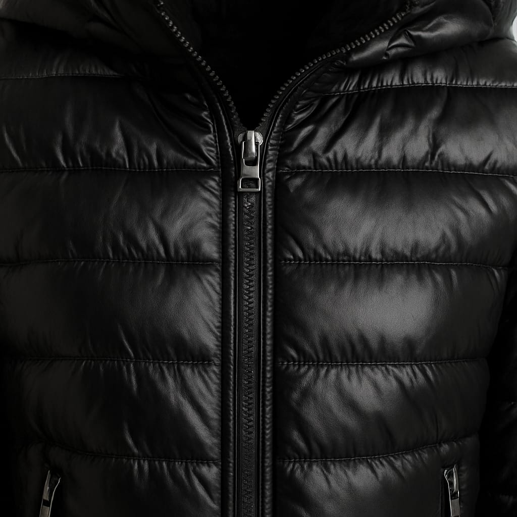 A quilted puffer jacket with a front zipper closure, two side pockets, long sleeves, and an attached hood with drawstrings.