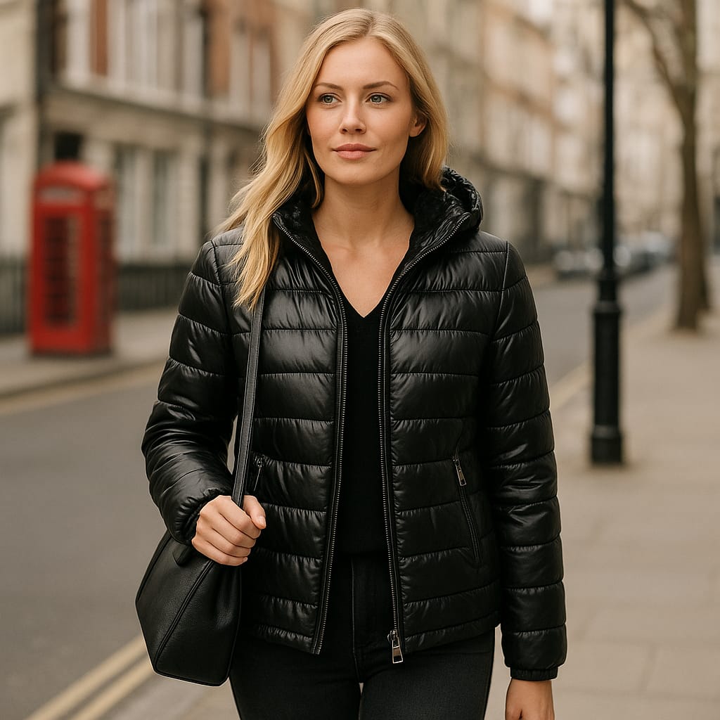 A quilted puffer jacket with a front zipper closure, two side pockets, long sleeves, and an attached hood with drawstrings.