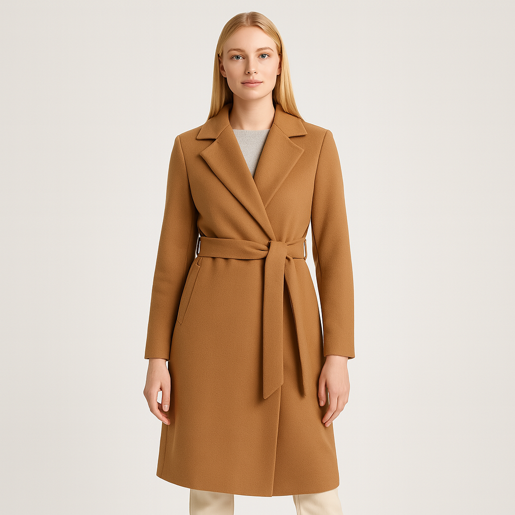A long belted coat featuring a notched lapel collar, wrap front design, and side pockets.