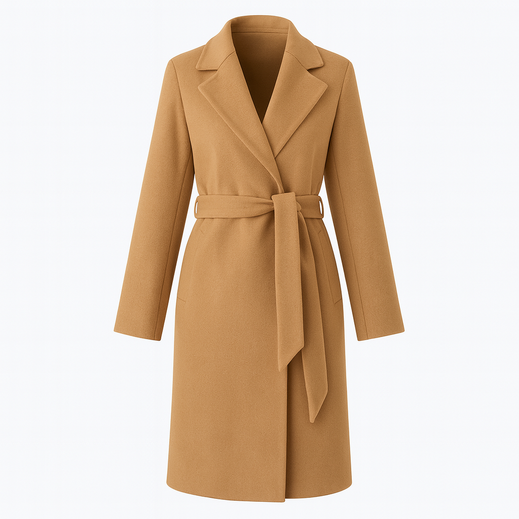 A long belted coat featuring a notched lapel collar, wrap front design, and side pockets.