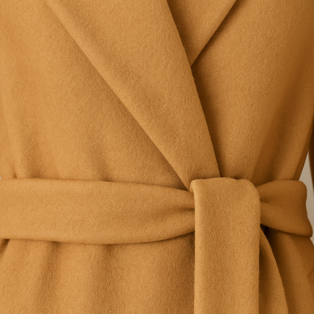 A long belted coat featuring a notched lapel collar, wrap front design, and side pockets.
