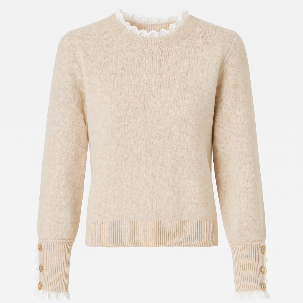 Crew neck sweater with lace trim accents and buttoned cuffs.